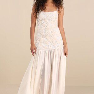 Lulus Kalene Cream 3D Rosette Sheer Hem Maxi Dress